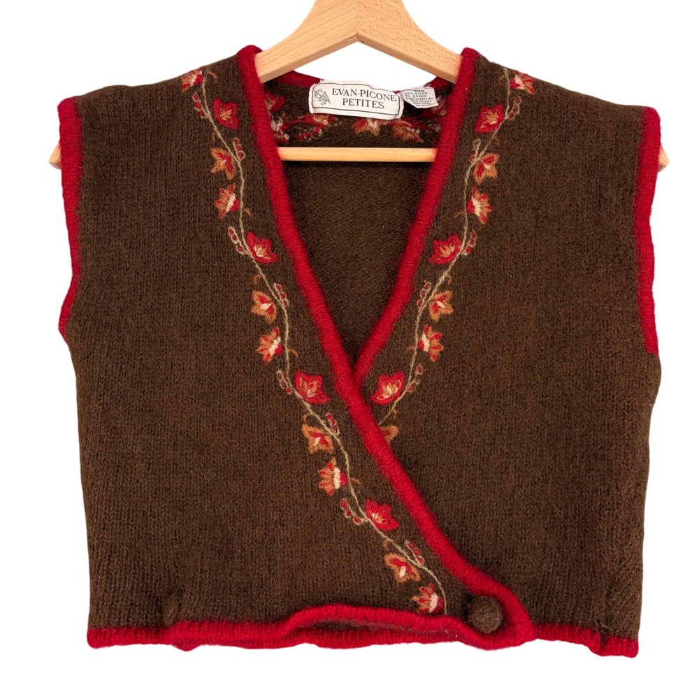 Evan-Picone Petites Mohair Wool Embroidered Sweater Vest Brown Red Small Vintage